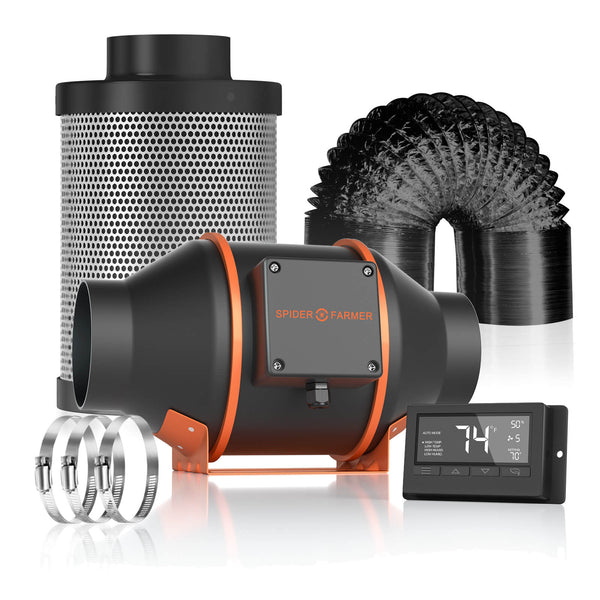 Spider Farmer® 100mm 350m3/h ventiliatorius + filtras / su auto temperatūros valdymu