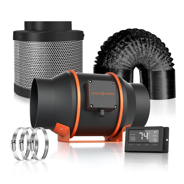 Spider Farmer® 150mm 600m3/h ventiliatorius + filtras / su auto temperatūros valdymu
