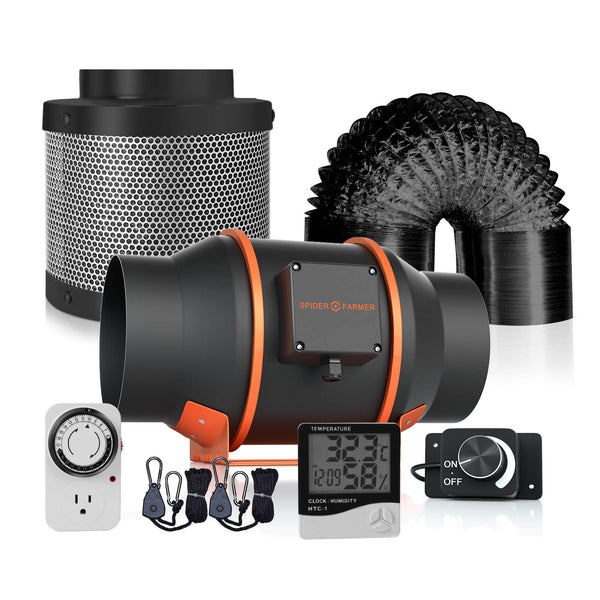 Spider Farmer® 150mm 600m3/h ventiliatorius + filtras + priedai / su vent. greičio reguliatoriumi